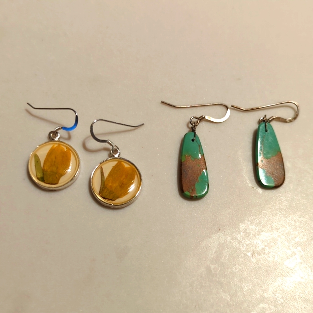 Lot of silver earrings march flower daffodil and turquoise boho